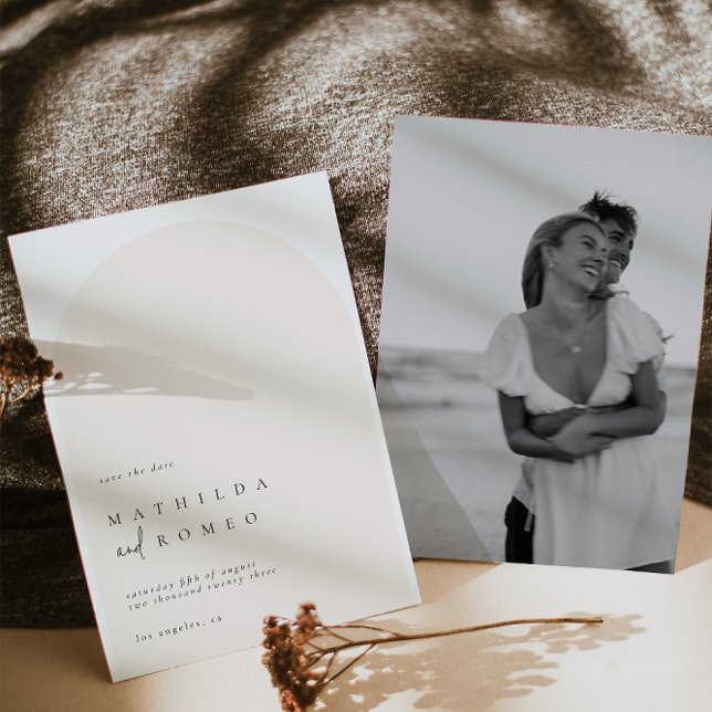 Modern minimalist arch beige wedding save the date invitation (Creator Uploaded)