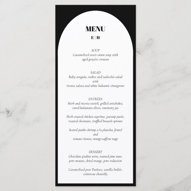 Modern Minimalist Arch Black White Wedding Menu (Front)