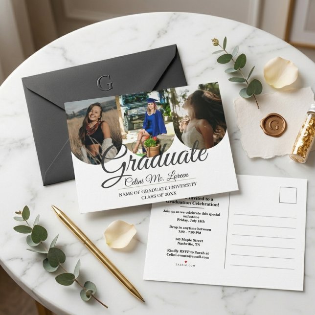 Modern Minimalist Arch Calligraphy Photo Graduatio Invitation Postcard (Modern Minimalist Arch Calligraphy 3-Photo Graduation Announcement Postcard)