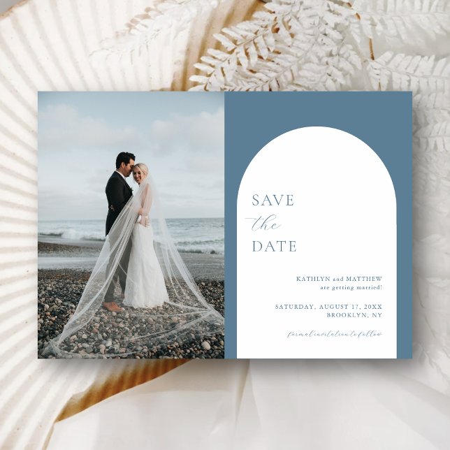 Modern Minimalist Arch Dusty Blue Save The Date Magnetic Invitation (Creator Uploaded)