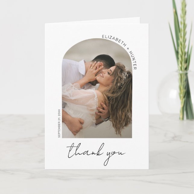 Modern Minimalist Arch Frame Script Wedding Photo Thank You Card (Front)