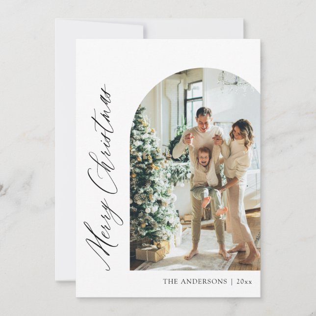 Modern Minimalist Arch Photo Merry Christmas Holiday Card (Front)