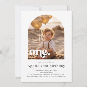 Modern Minimalist Arched Photo Frame 1st Birthday Invitation