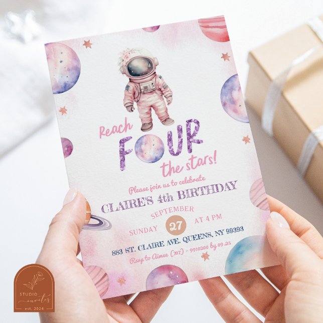 Modern Minimalist Astronaut Girl's 4th Birthday Invitation (Creator Uploaded)