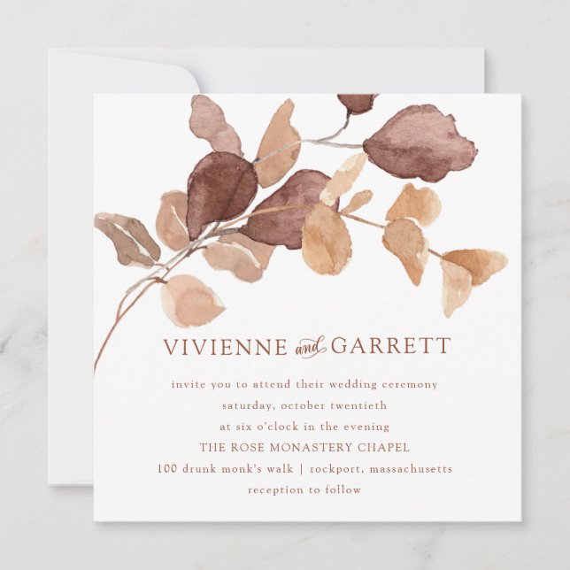 Modern Minimalist Autumn Eucalyptus Leaves Wedding Invitation (Front)