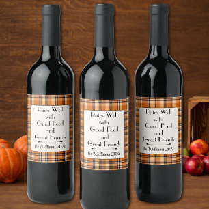 Modern Minimalist Autumn Plaid Custom Friendship Wine Label