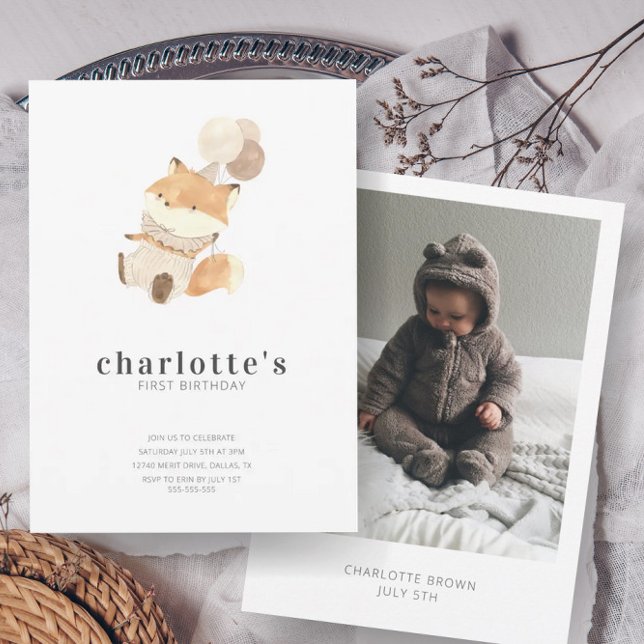Modern Minimalist Baby Fox & Photo First Birthday Invitation (Creator Uploaded)
