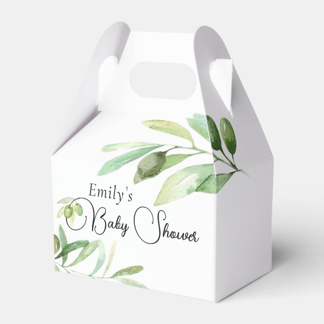 Modern minimalist baby shower olive branch favour box (Front Side)