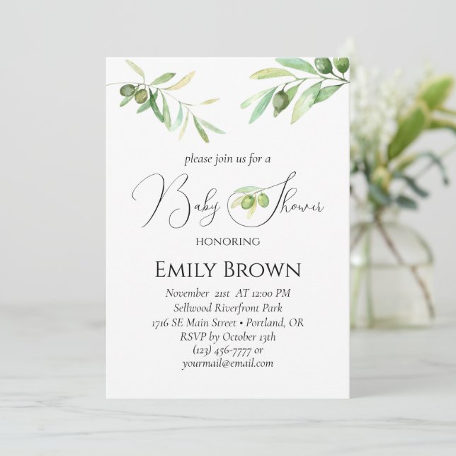 Modern minimalist baby shower olive branch invitation (Standing Front)