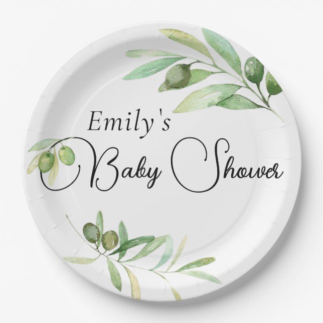 Modern minimalist baby shower olive branch paper plate (Front)