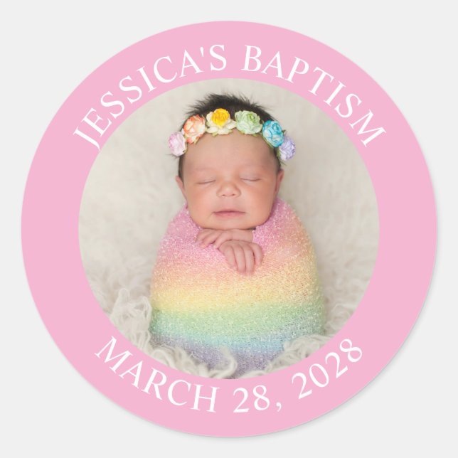 Modern Minimalist Baptism Circle Photo Pink Classic Round Sticker (Front)