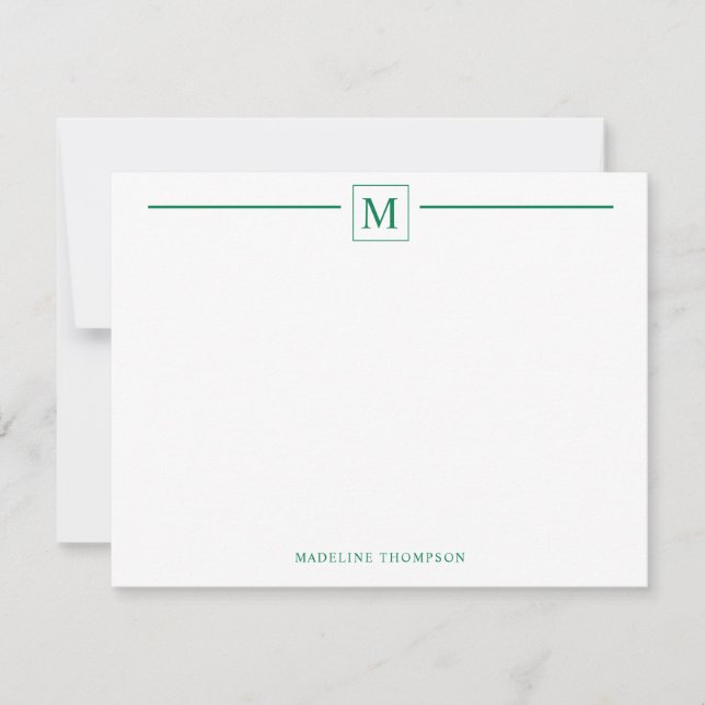 Modern Minimalist Basic Forest Green Monogram Line Card (Front)