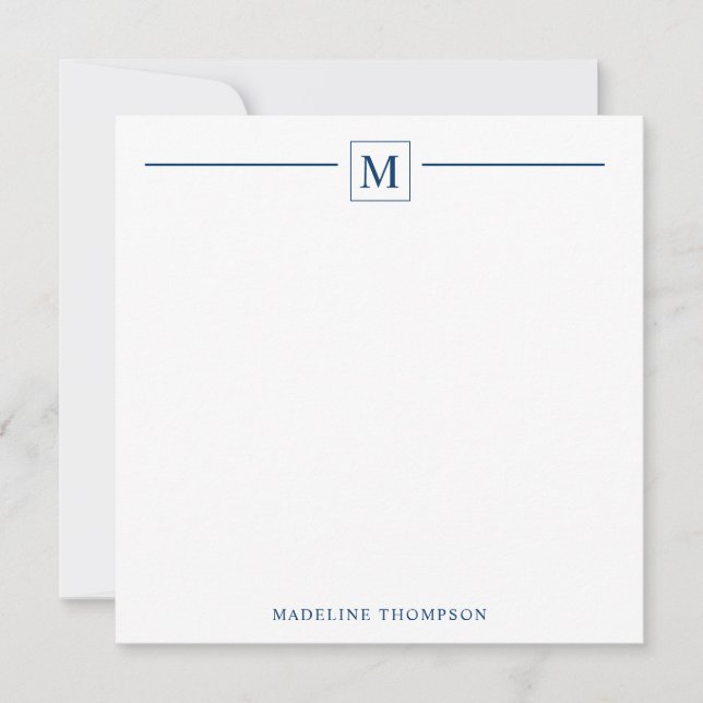 Modern Minimalist Basic Navy Blue Monogram Line Card (Front)