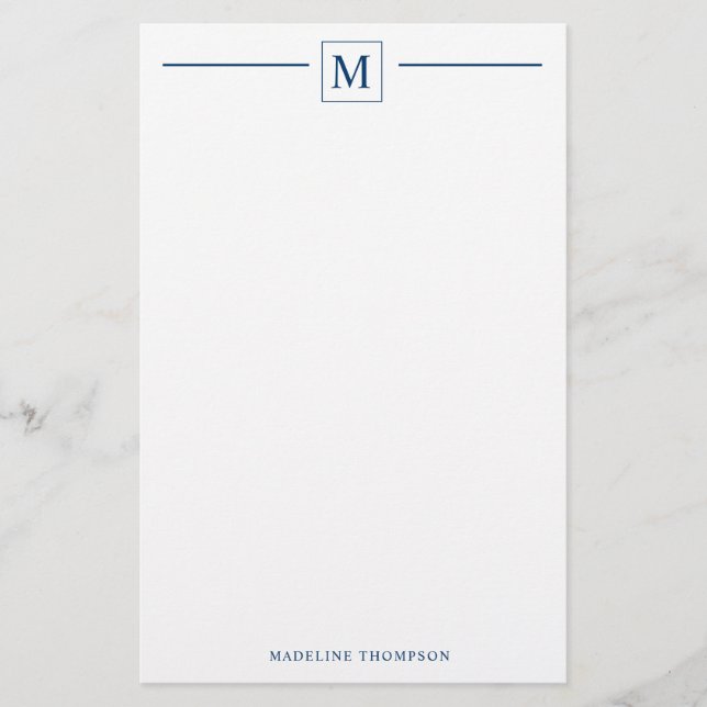 Modern Minimalist Basic Navy Blue Monogram Line Stationery (Front)
