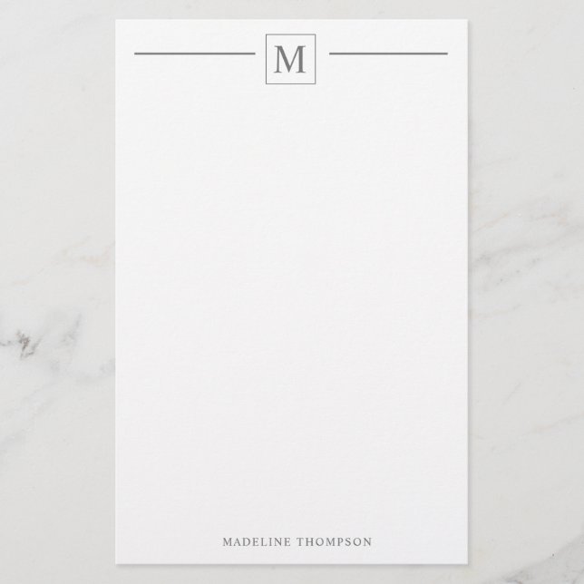 Modern Minimalist Basic Silver Grey Monogram Line Stationery (Front)