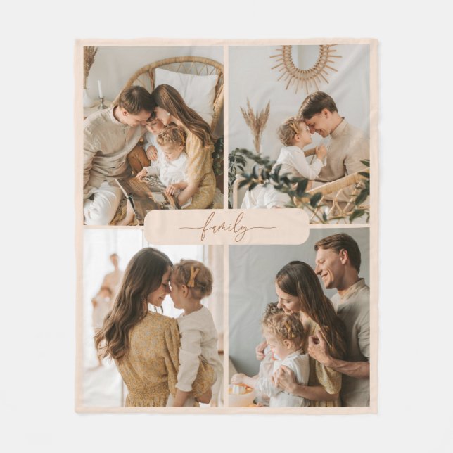 Modern Minimalist Beige 4 Family Photos Fleece Blanket (Front)