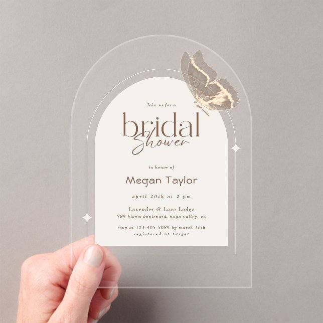 Modern Minimalist Beige Butterfly Bridal Shower Acrylic Invitations (Insitu (Handheld))