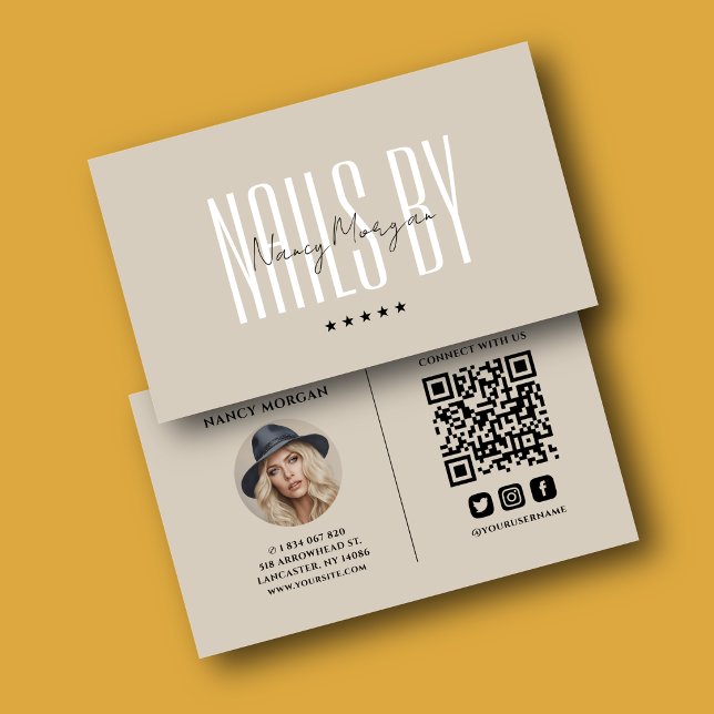 Modern Minimalist Beige Nail Tech Photo QR Code  Business Card (Creator Uploaded)