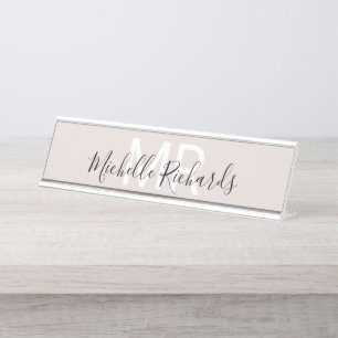 Modern minimalist beige name monogram desk desk name plate