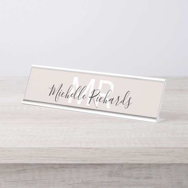 Modern minimalist beige name monogram desk plate (Front)