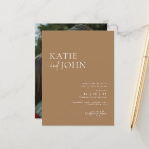 Modern Minimalist Beige Tan Boho Wedding Photo Announcement Postcard