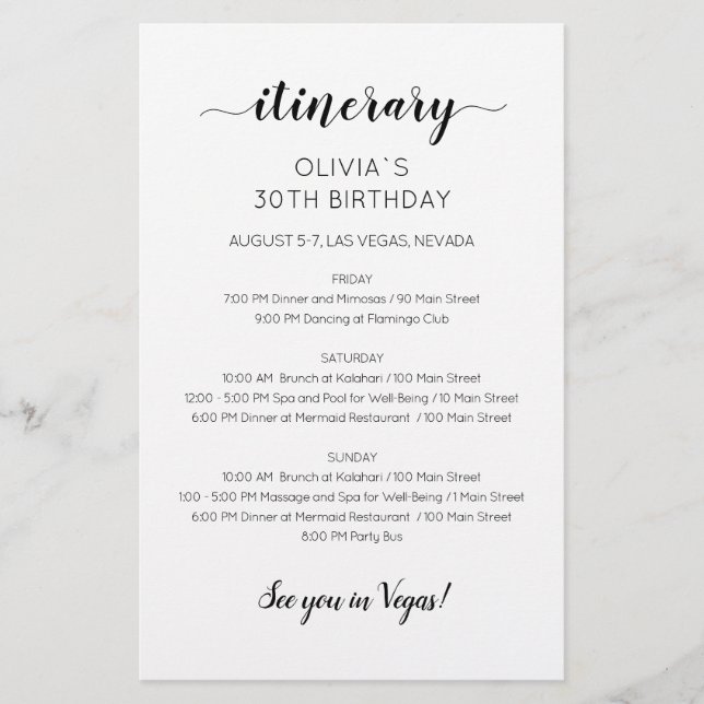 Modern Minimalist Birthday Itinerary Invitation (Front)