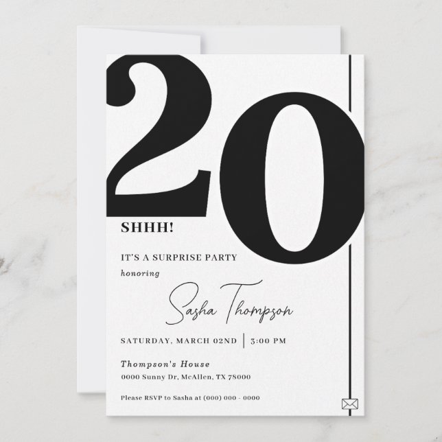 Modern minimalist black 20th birthday invitation (Front)