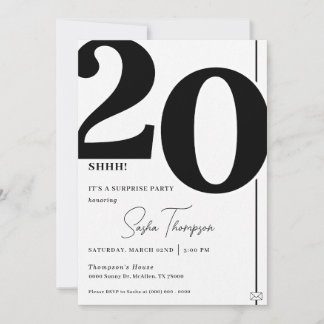 Modern minimalist black 20th birthday invitation
