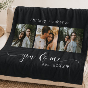 Modern Minimalist Black 3 Photo Script Collage Fleece Blanket