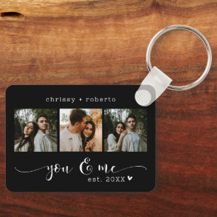 Modern Minimalist Black 3 Photo Script Collage Key Ring