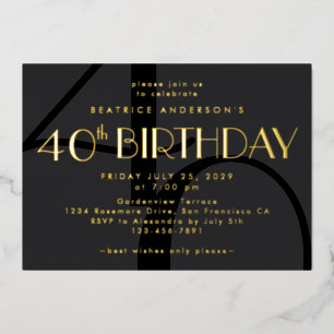 Modern Minimalist Black 40th Birthday Gold