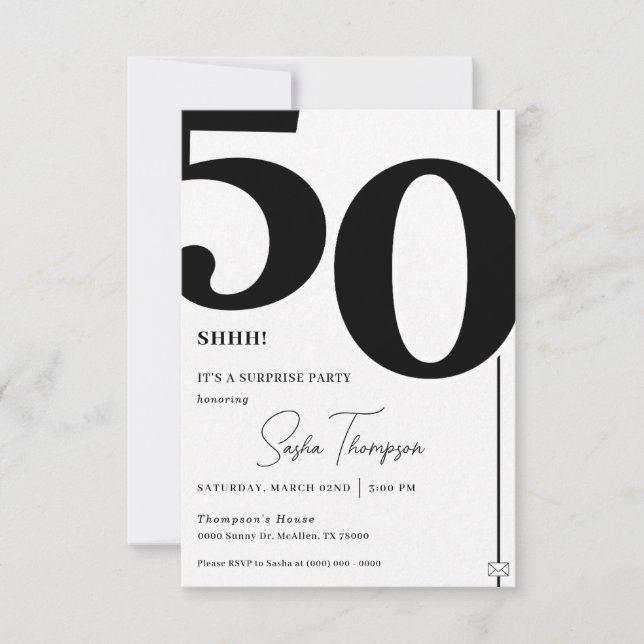 Modern minimalist black 50th birthday invitation (Front)