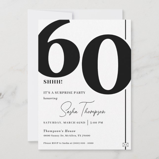 Modern minimalist black 60th birthday invitation (Front)