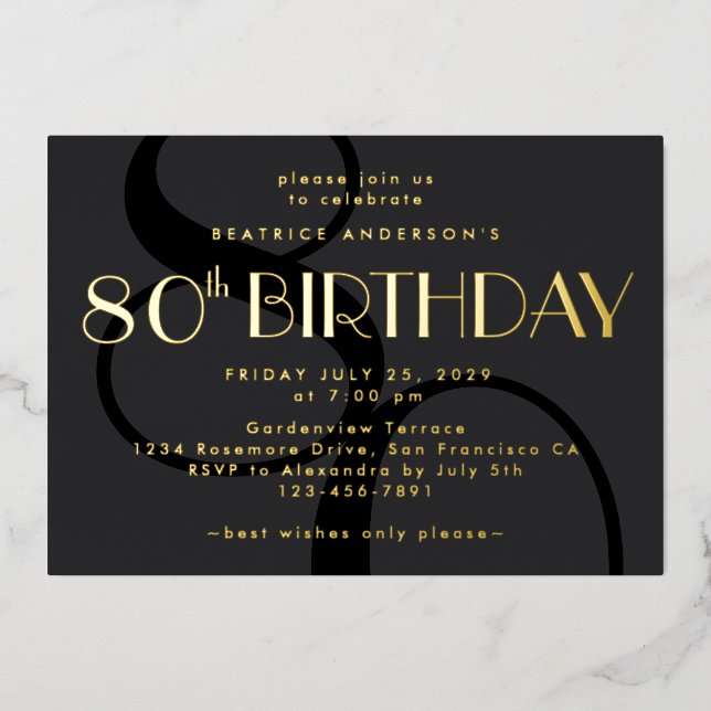 Modern Minimalist Black 80th Birthday Gold  (Front)