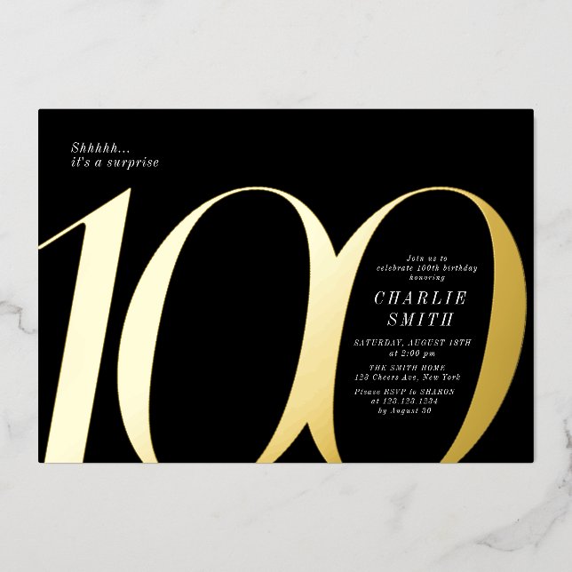 Modern minimalist black and gold 100th birthday (Front)