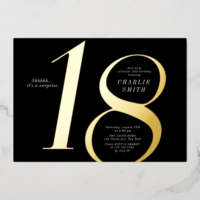 Modern minimalist black and gold 18th birthday (Front)