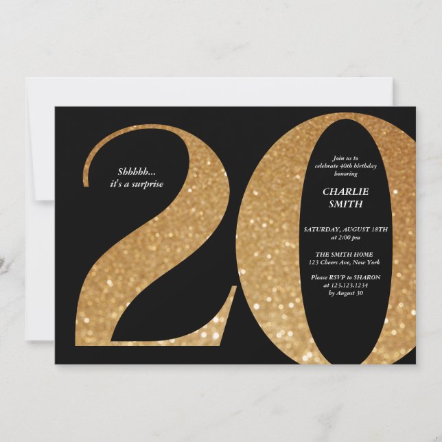 Modern minimalist black and gold 20st birthday invitation (Front)