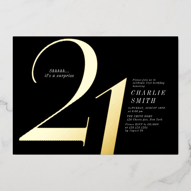 Modern minimalist black and gold 21st birthday (Front)