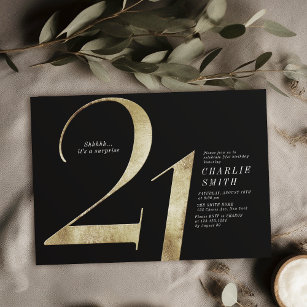 Modern minimalist black and gold 21st birthday invitation