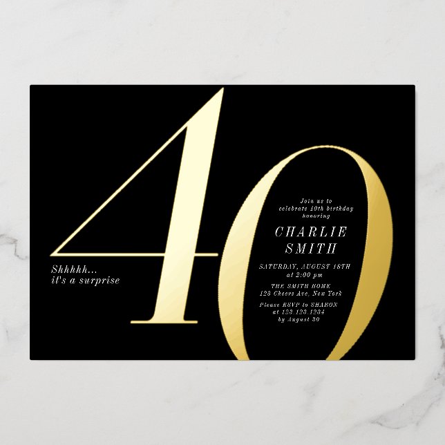 Modern minimalist black and gold 40th birthday (Front)