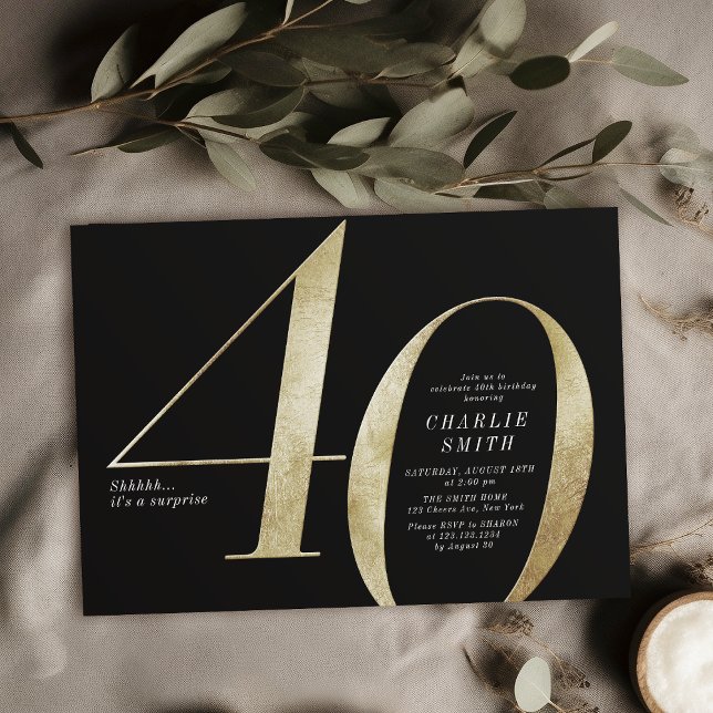 Modern minimalist black and gold 40th birthday invitation (Modern minimalist black and gold 40th birthday invitation)