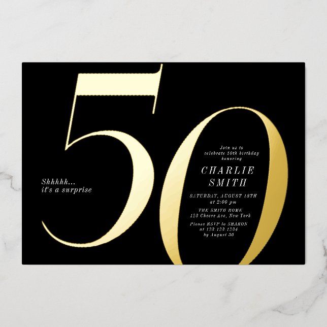 Modern minimalist black and gold 50th birthday (Front)