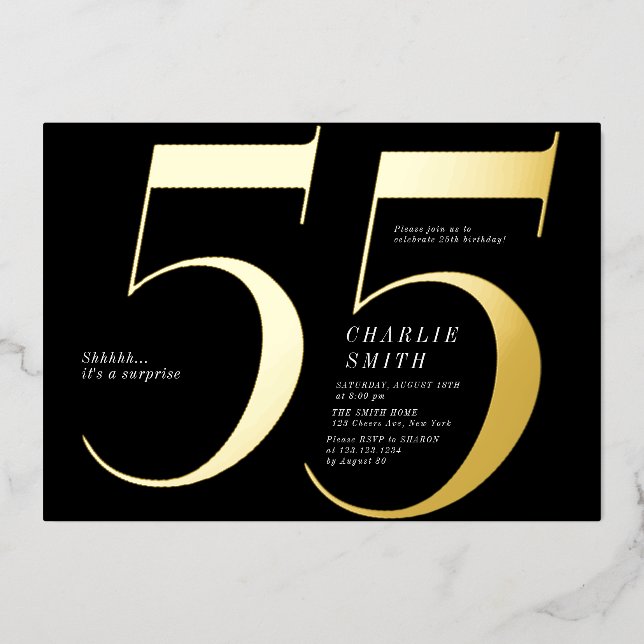Modern minimalist black and gold 55th birthday (Front)
