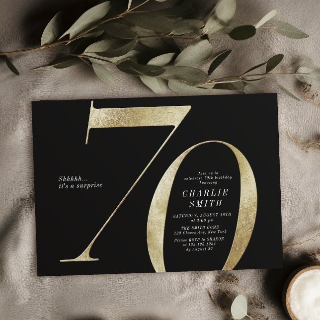 Modern minimalist black and gold 70th birthday invitation (Modern minimalist black and gold 70th birthday invitation)