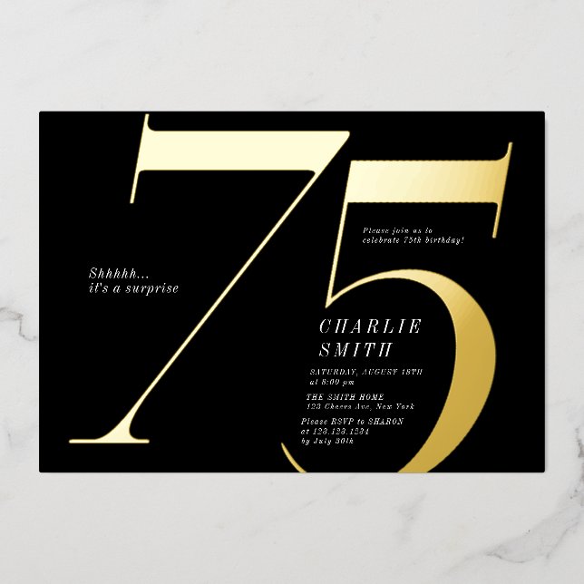 Modern minimalist black and gold 75th birthday (Front)