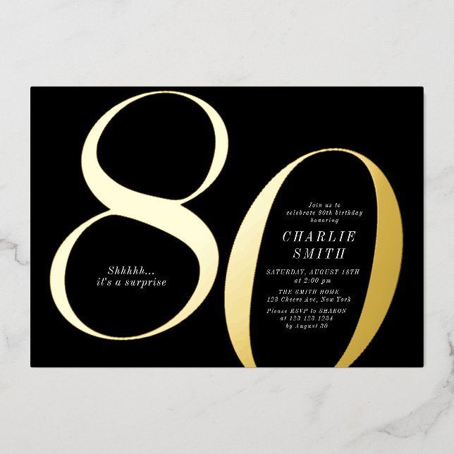 Modern minimalist black and gold 80th birthday (Front)