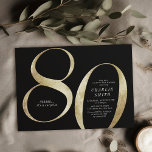 Modern minimalist black and gold 80th birthday invitation<br><div class="desc">Modern minimalist 80th birthday party invitation features stylish faux gold foil number 80 and your party details in classic serif font on black background colour, simple and elegant, great surprise adult milestone birthday invitation for men and women. the black background colour can be changed to any colour of your choice....</div>