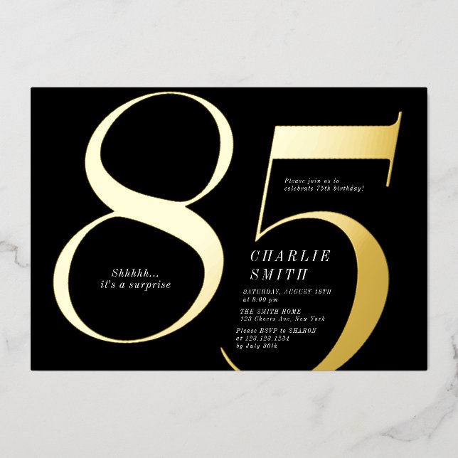 Modern minimalist black and gold 85th birthday (Front)