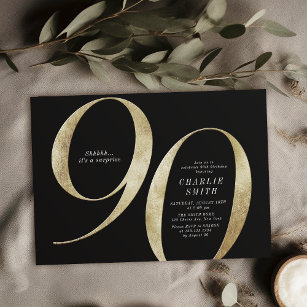 Modern minimalist black and gold 90th birthday invitation