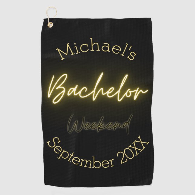 Modern Minimalist Black and Gold Bachelor Party  Golf Towel (Front)